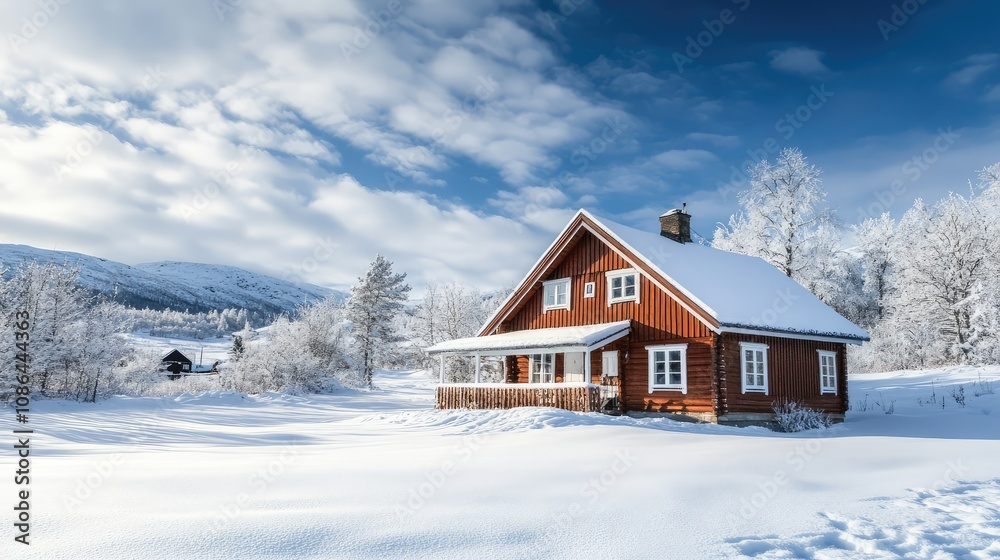 Old farmhouse with a snow-dusted roof, nestled in a frosty winter landscape with a peaceful white blanket on the ground Old farmhouse with a snow-dusted roof, nestled in a frosty winter landscape with a peaceful white blanket on the ground