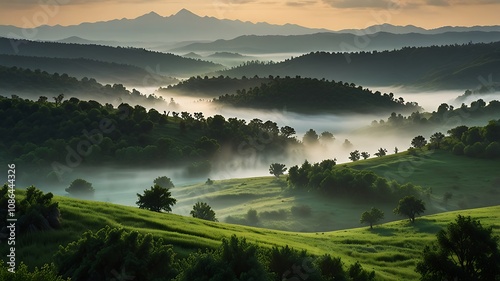 Dramatic mountain range with deep green valleys and sharp peaks, set against a soft sky for a bold and breathtaking background
