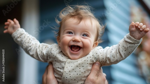 baby boy laughing as his father lifts him into the air, enjoying the playful moment and feeling of flying