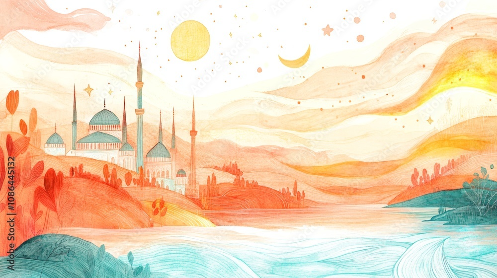 Obraz premium Whimsical Landscape with Sunlit Mosque and Flowing River in Dreamy Pastels