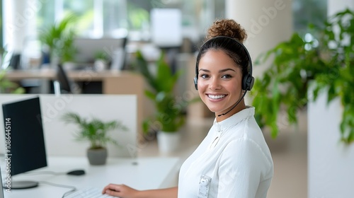 Fototapeta Naklejka Na Ścianę i Meble -  Smiling customer service representative wearing a headset in a modern office, ample copy space for text, high-end business photography, deep depth of field