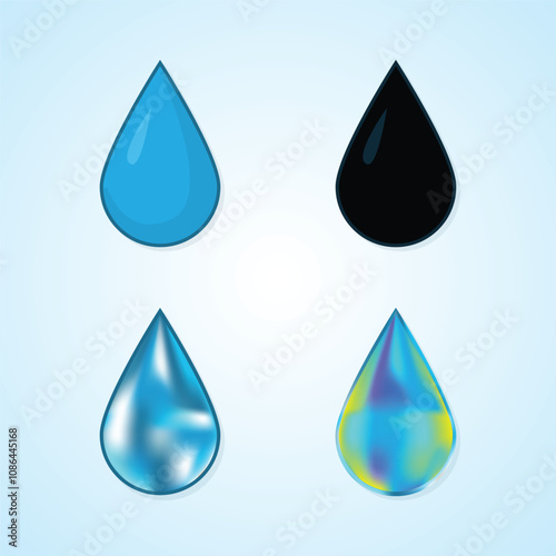 Set of water drops shape icons, blue, black, realistic and multi color gradients water drops isolated on light background vector illustration