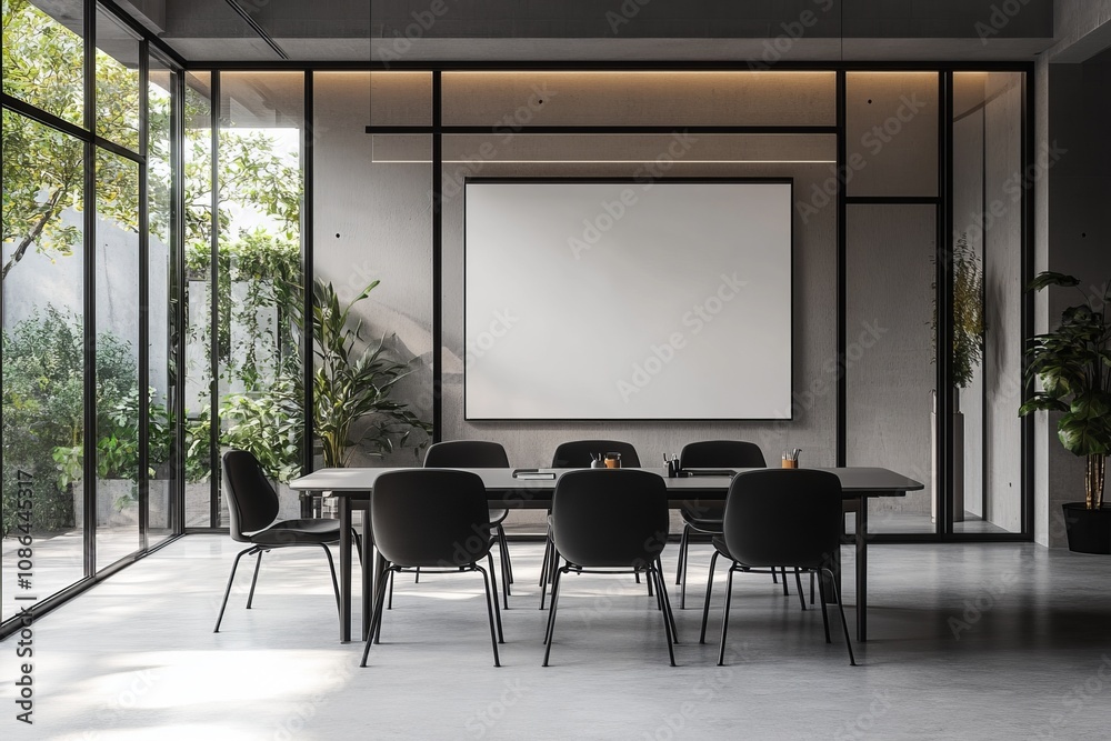 A modern conference room with a large blank white board, a long table, and black chairs. The room has large windows that overlook a lush green garden. A modern conference room with a large blank white board, a long table, and black chairs. The room has large windows that overlook a lush green garden.
