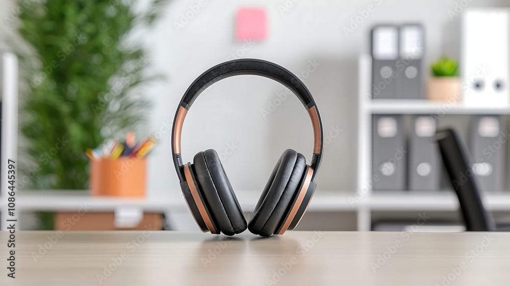 Close-up of a headset on a desk with blurred office background, ideal for customer service advertising, copy space for text, deep depth of field Close-up of a headset on a desk with blurred office background, ideal for customer service advertising, copy space for text, deep depth of field