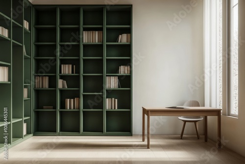 A minimalist home office with a large bookshelf, a wooden desk, and a chair.