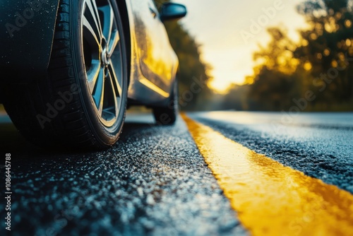 A close-up of a car tire on an asphalt road with a yellow line.