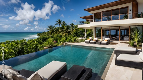 Beachside villa with panoramic ocean views and modern tropical design, AI Generated photo