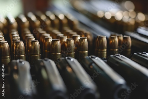 A close-up shot of a line of bullets and pistols.