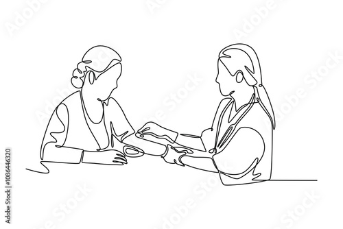 Doctor and patient. Single line draw design vector graphic illustration.