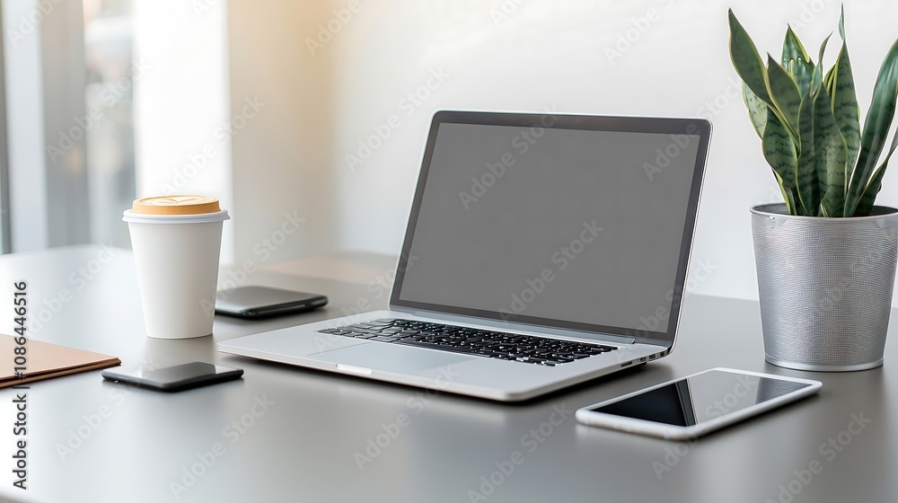 Professional office setup with a laptop, smartphone, and coffee cup on a sleek desk, copy space for text, high-end business photography, deep depth of field Professional office setup with a laptop, smartphone, and coffee cup on a sleek desk, copy space for text, high-end business photography, deep depth of field