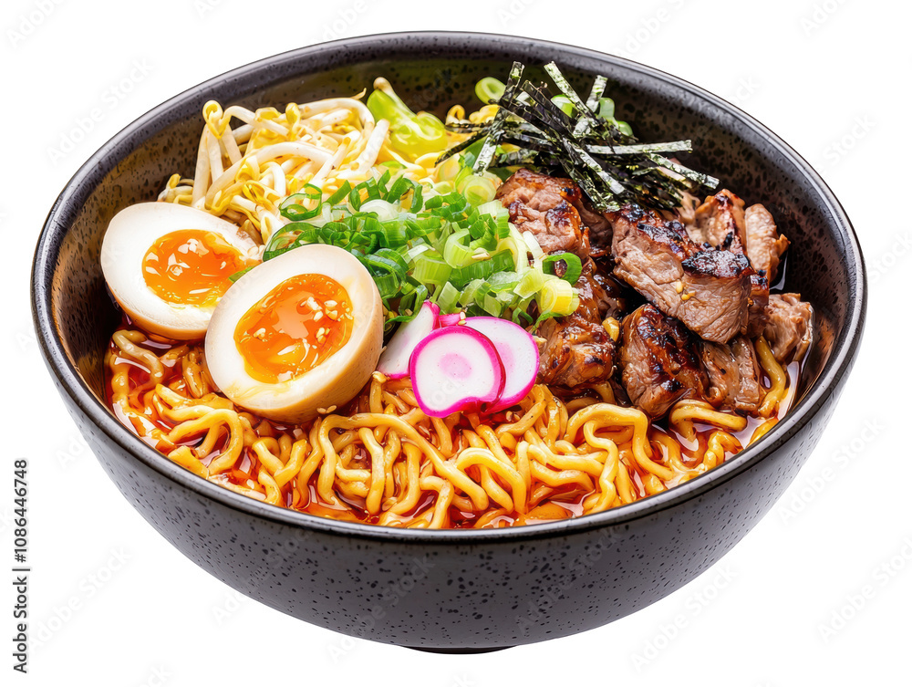 Delicious bowl of ramen with eggs, green onions, and grilled meat on a white background. Delicious bowl of ramen with eggs, green onions, and grilled meat on a white background.