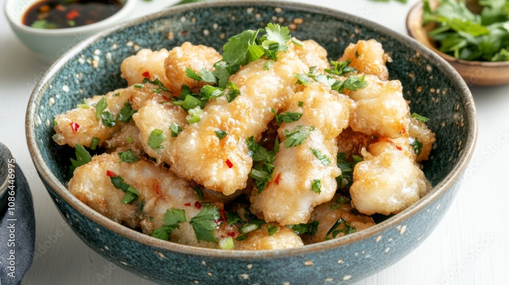 Crispy Fried Fish Bites with Fresh Herbs and Spices Served in a Decorative Bowl, Ideal for Delicious Asian Cuisine and Home Dining Experiences Crispy Fried Fish Bites with Fresh Herbs and Spices Served in a Decorative Bowl, Ideal for Delicious Asian Cuisine and Home Dining Experiences