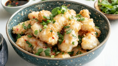 Crispy Fried Fish Bites with Fresh Herbs and Spices Served in a Decorative Bowl, Ideal for Delicious Asian Cuisine and Home Dining Experiences