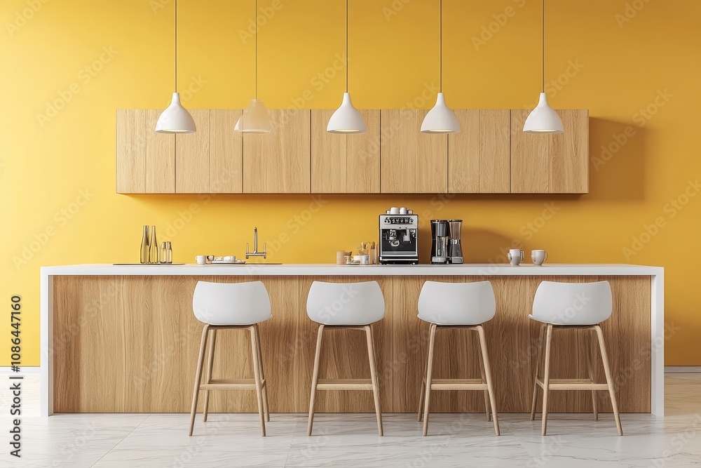 Fototapeta premium Modern kitchen counter with white bar stools and yellow wall.