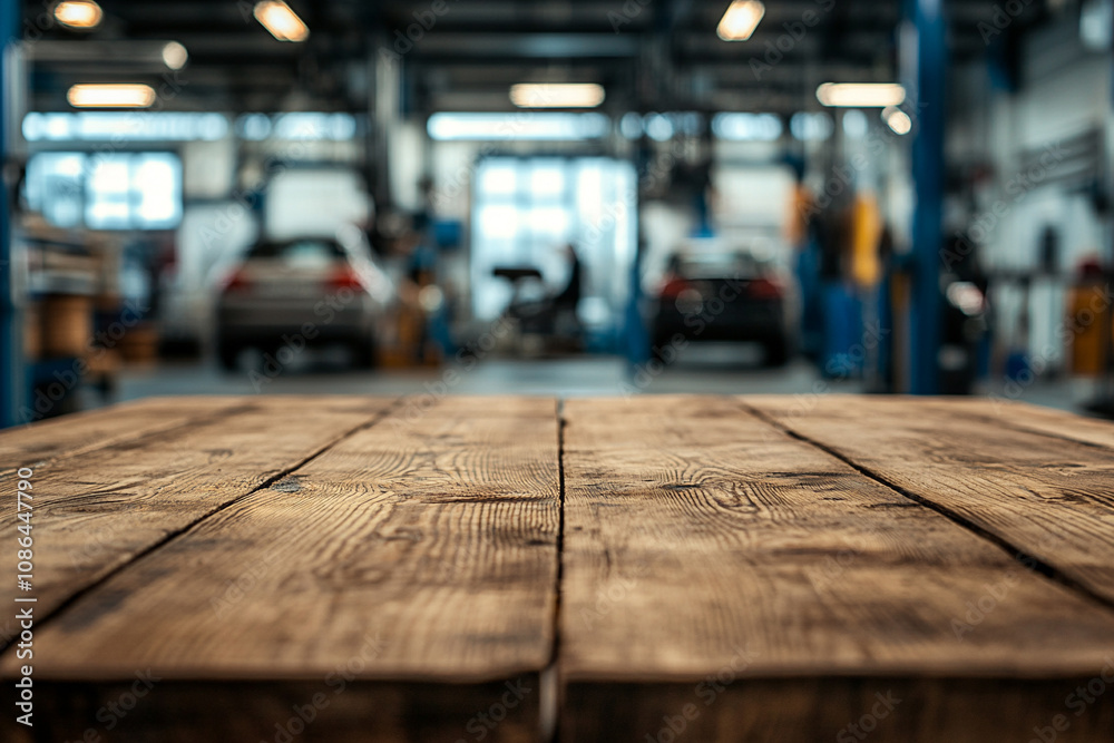 Workshop Ambiance, Wooden Table Foreground with Blurred Car Background Workshop Ambiance, Wooden Table Foreground with Blurred Car Background