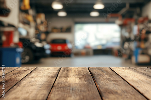 Rustic Garage Workspace, Vintage Car Background with Wooden Foreground