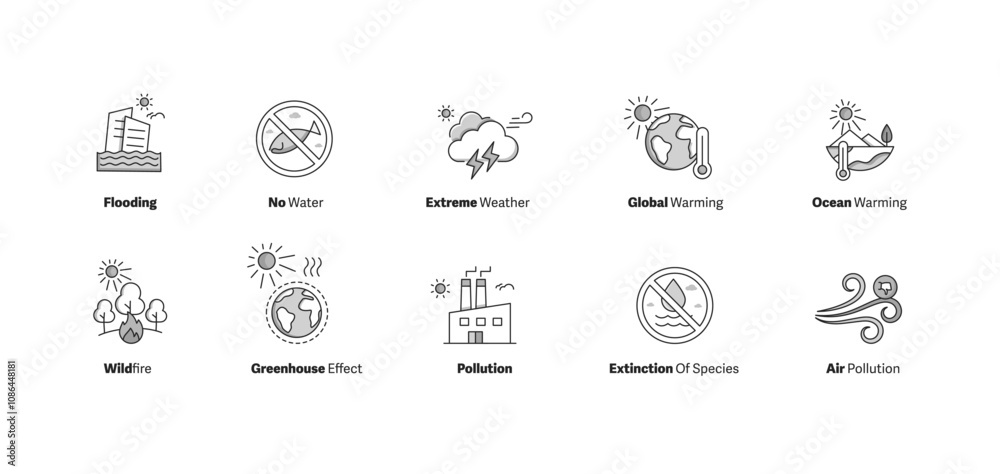 Climate and Environmental Disaster Icons. A collection of visuals addressing critical issues like air pollution, species extinction, global warming, and extreme weather patterns. Climate and Environmental Disaster Icons. A collection of visuals addressing critical issues like air pollution, species extinction, global warming, and extreme weather patterns.