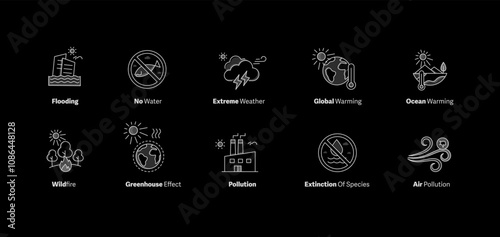 Environmental Degradation and Climate Impact Icons. Representing flooding, greenhouse effects, pollution, and wildlife extinction, these icons are ideal for eco-awareness campaigns.