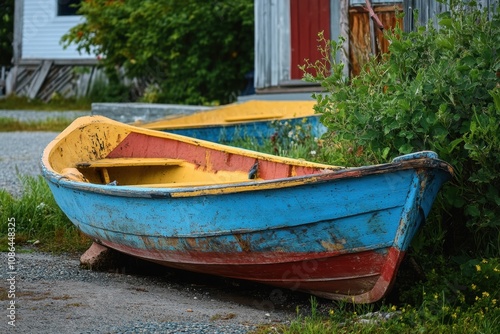 A weathered, blue, red, and yellow wooden rowboat sits on the ground.