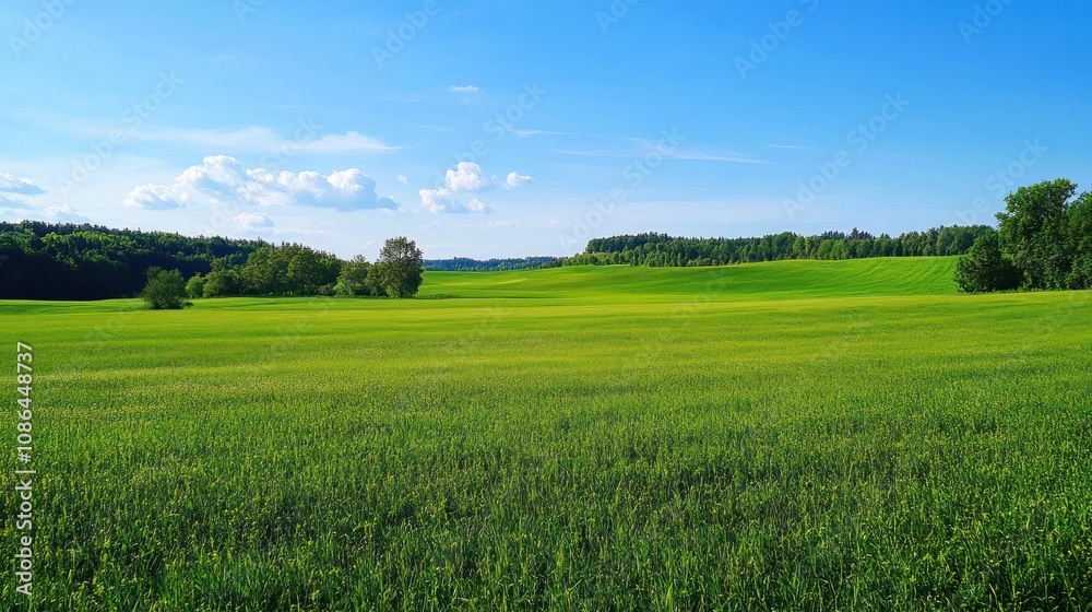 A vast green field stretches out under a clear blue sky with fluffy white clouds, creating a tranquil and serene landscape. A vast green field stretches out under a clear blue sky with fluffy white clouds, creating a tranquil and serene landscape.