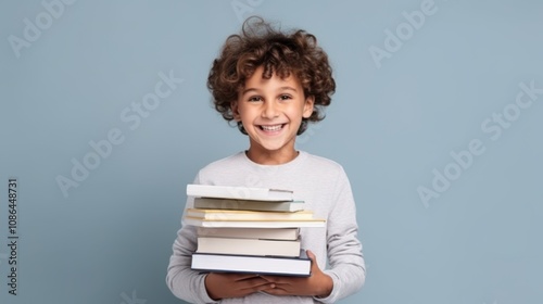 A cheerful young boy with curly hair beams with joy while holding a stack of books against a simple backdrop.