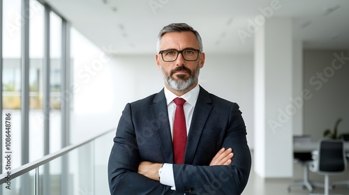 Full-body professional portrait of a businessperson in a modern office environment, sharp and clear, with ample copy space for text, deep depth of field