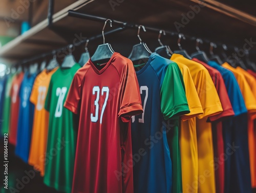 Obraz na płótnie A row of colorful soccer jerseys with different numbers hanging on a rack in a sports store. w salonie