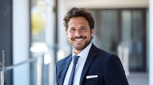 Professional headshot of a smiling man in business attire, clear focus with a blurred background, space for advertising content, deep depth of field