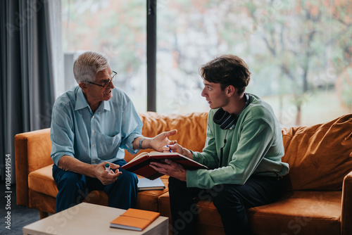 An older man and a younger student engaged in a thoughtful conversation. The young man is holding a book, while the mentor offers advice, symbolizing mentorship and learning.