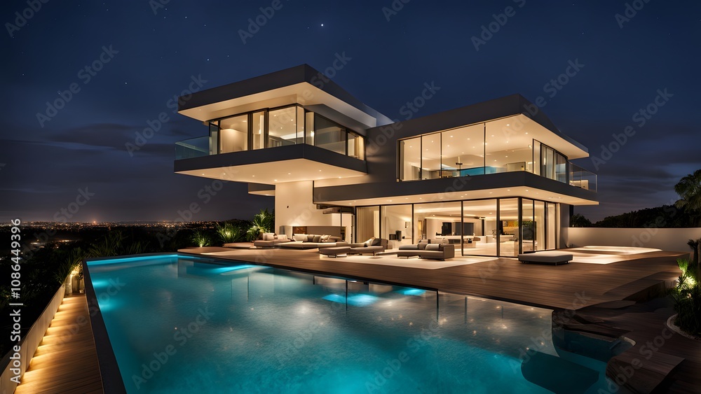 Fototapeta premium Contemporary villa with a unique rooftop pool and elegant lighting, AI Generated
