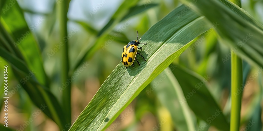 Close-up of a Yellow and Black Beetle on a Corn Leaf Close-up of a Yellow and Black Beetle on a Corn Leaf