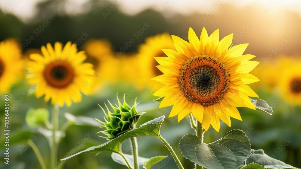 Sunflower field concept. Majestic sunflower field illuminated by golden hour light, serene rural environment, perfect background for nature-themed projects, sunflower field, golden rural Sunflower field concept. Majestic sunflower field illuminated by golden hour light, serene rural environment, perfect background for nature-themed projects, sunflower field, golden rural