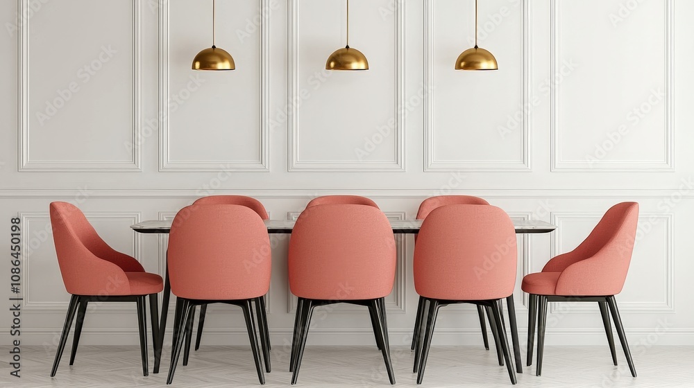 Obraz premium Modern Dining Room Interior Coral Chairs Gold Lights White Walls