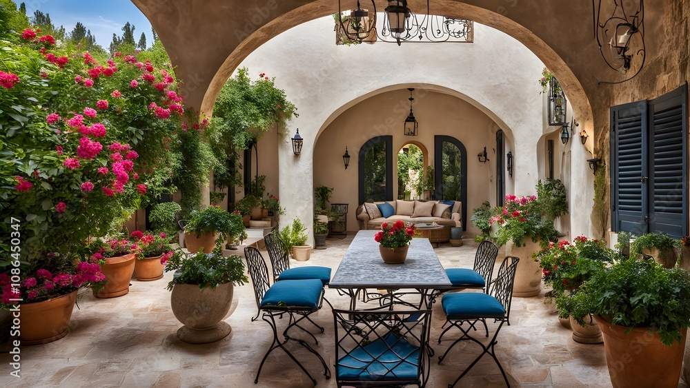 Obraz premium Elegant mediterranean retreat with a shaded patio and colorful flowers, AI Generated
