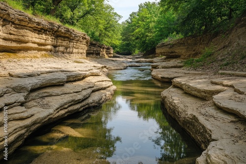 Tranquil Stream Flowing Through a Narrow Canyon Formed by Layered Rock