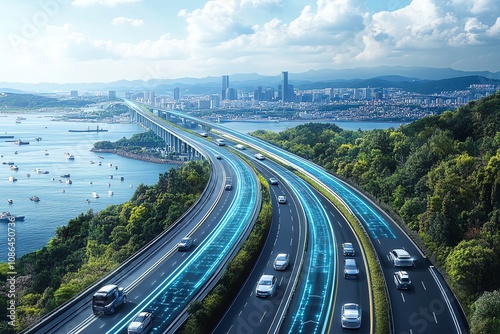 A scenic highway with cars driving on it, with a cityscape and harbor in the background. The highway is lined with trees, and there are blue lines connecting the cars.