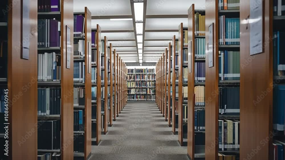 A library aisle is filled with colorful books on tall wooden shelves. The carpeted aisle leads to more shelves, lit with fluorescent lights. The atmosphere is calm.