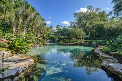 Serene Tropical Pond with Waterfall and Lush Greenery
