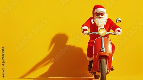 Joyful Santa in Red Suit and Sunglasses Riding a Scooter: Perfect Poster for Energetic Holiday Vibes in Your Sports Decor!