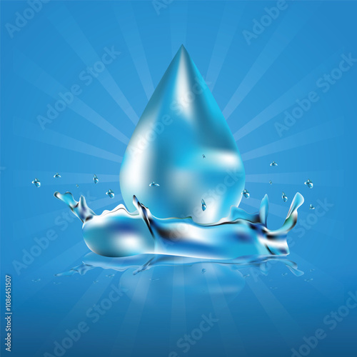 Realistic water drop with splash and wave on light isolated on blue gradient background vector illustration