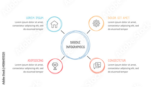 Doodle infographics, hand drawn circle diagram template with 4 elements, vector eps10 illustration