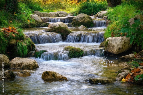 A Tranquil Stream Cascading Through Moss-Covered Rocks