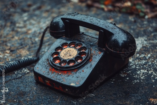 Old black rotary phone on a concrete surface with a red and black dial. photo