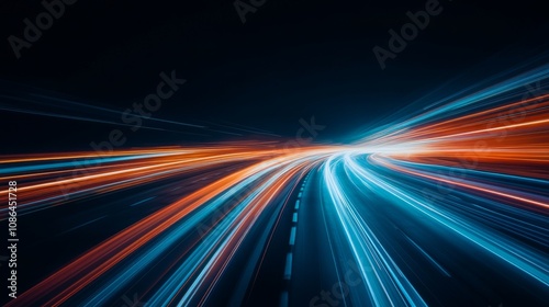 Dynamic Light Trails on a Dark Highway Capturing Motion and Speed Through Vibrant Red and Blue Colors at Night, Ideal for Technology and Transportation Themes
