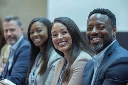 Group photo of a business conference, diverse professionals smiling, casual poses, networking success, business diversity