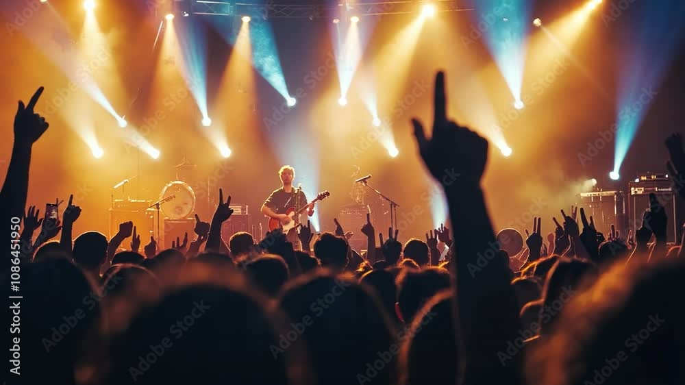 A concert celebration with a crowd singing and dancing under bright stage lights. A concert celebration with a crowd singing and dancing under bright stage lights.