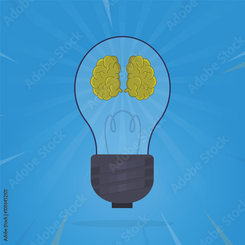 Creative bright bulb icon with mind, isolated on blue gradient background, symbol of creativity, creative idea, mind, thinking vector illustration