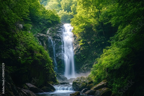 Lush Green Forest Waterfall in Sunlight