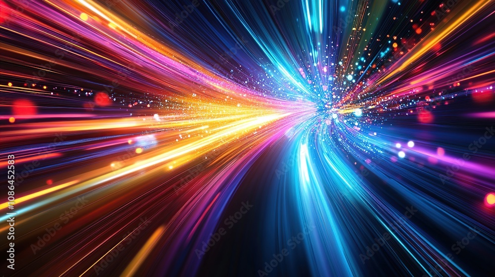 Abstract, colorful light trails moving quickly in the dark tunnel background with a speed effect. Concept of technology, digital, and futuristic theme background Abstract, colorful light trails moving quickly in the dark tunnel background with a speed effect. Concept of technology, digital, and futuristic theme background