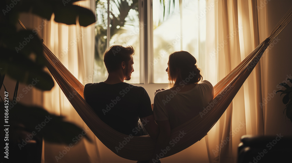 Couple in a hammock by the window, holding hands, minimalist decor with neutral tones Couple in a hammock by the window, holding hands, minimalist decor with neutral tones